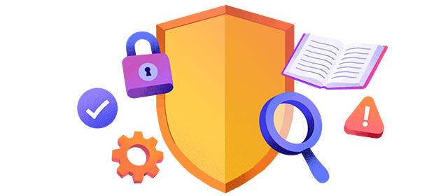 Shield in background with smaller images of a tick, gear, lock, book and magnifying glass surrounding it