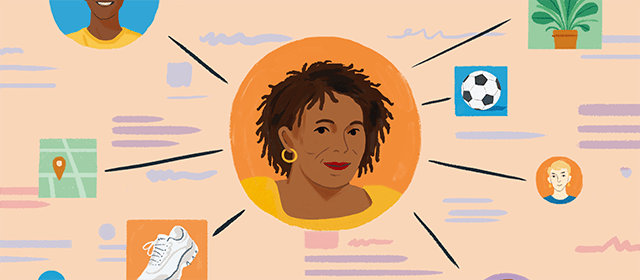 A smiling woman is at the centre of the image. She's surrounded by other images with lines that connect each one back to her. Other images include a football, a plant, a shoe and other people